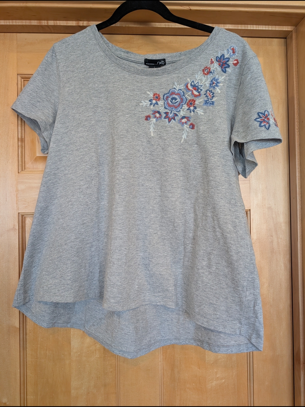 RXB Gray Short Sleeve Tee with Red White & Blue Floral Embroidery